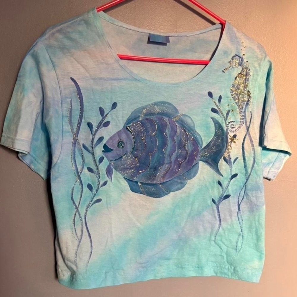 VTG Hand painted fish and seahorse cropped tee tie dye puffy paint glitter Med